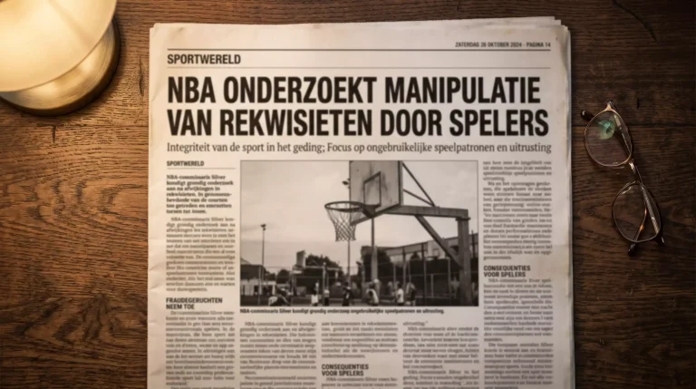 Bedrukte krantenpagina met grote kop over NBA-onderzoek naar spelersprop-manipulatie op een houten bureau