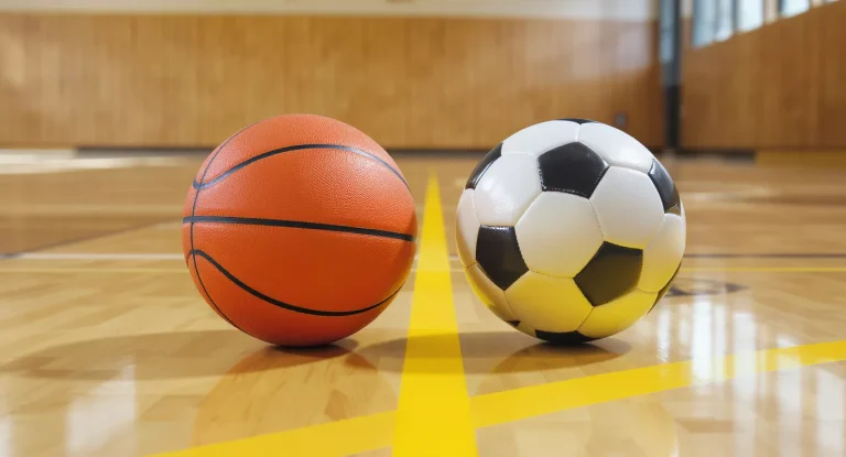 Basketbalveld met rood-witte kerstversiering aan de zijlijn en een bal op de middenstip in een arena