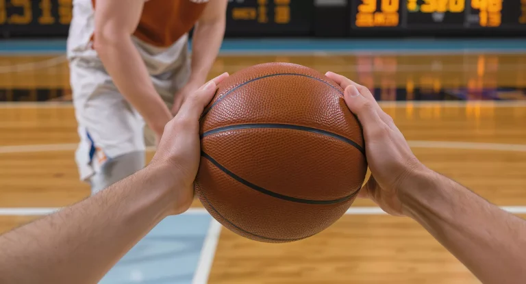 Basketbal in handen van een speler bij de vrije-worplijn met scorebord op de achtergrond in een arena