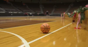 Lange basketbalspeler in donker tenue springt voor een dunk boven het basketring in een goed verlichte arena