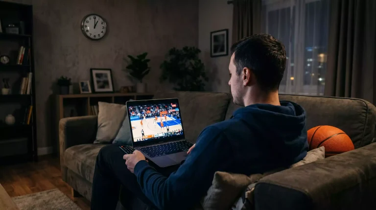 Nederlandse wedder op laptop met klok die middernacht aangeeft en NBA-livestream zichtbaar