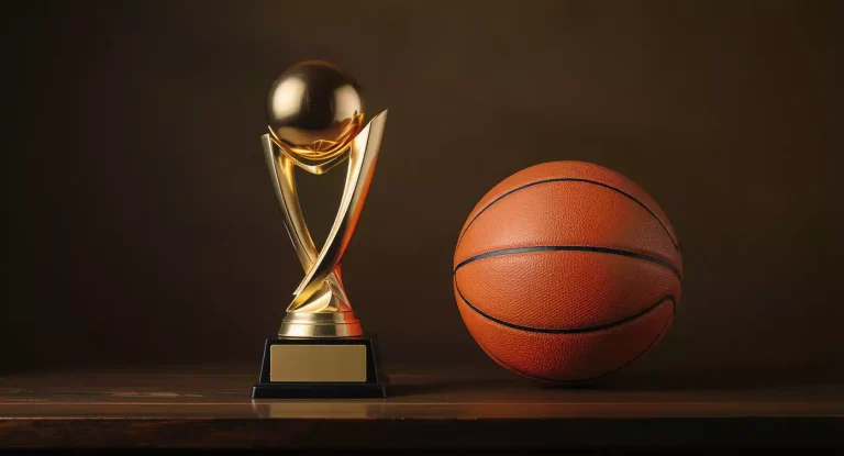 NBA MVP-trofee met futures-odds van topspelers op een wedscherm zichtbaar