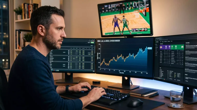 NBA-wedanalist vergelijkt bewegende odds op meerdere monitors voor tip-off van een NBA-wedstrijd