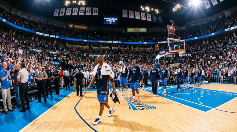 NBA-spelers betreden de arena voor een postseason-wedstrijd met volle tribunes