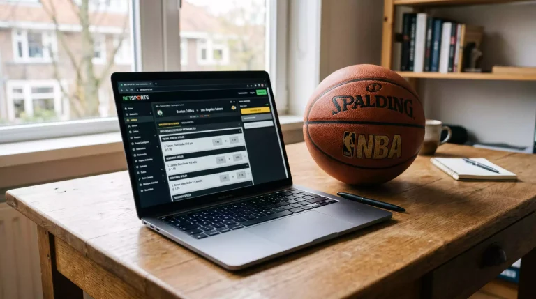 Nederlandse wedder bekijkt NBA player props op een laptop met KSA-vergunningslogo zichtbaar
