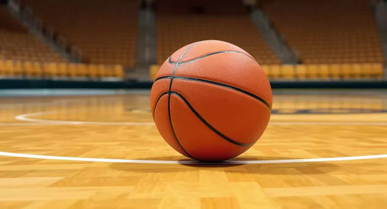Basketbal op de middenstip van een houten basketbalveld met lege tribunes op de achtergrond