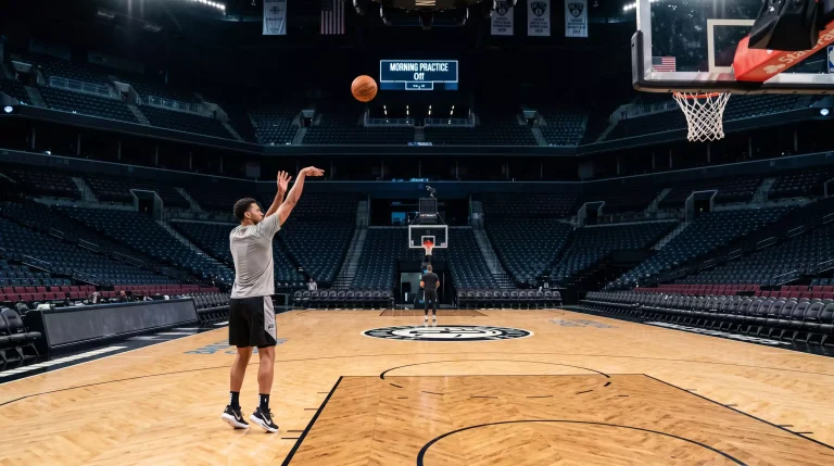 Lege NBA-arena tijdens een shootaround met één speler die schiet voor de wedstrijd