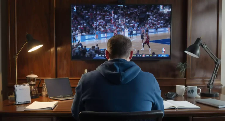 NBA-wedanalist maakt aantekeningen aan een bureau met basketbalveld zichtbaar op een tv-scherm
