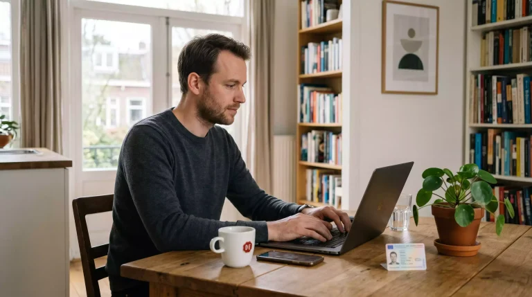 Persoon achter een laptop thuis tijdens een online aanmeldingsprocedure aan een tafel